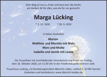Traueranzeige von Marga Lücking von Deister- und Weserzeitung