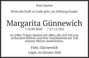 Traueranzeige von Margarita Günnewich von Deister- und Weserzeitung
