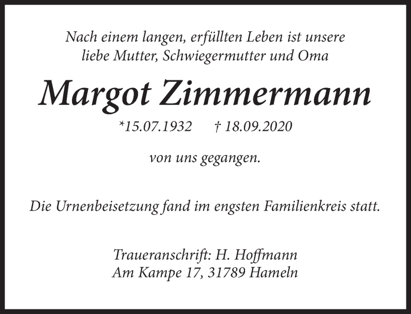  Traueranzeige für Margot Zimmermann vom 14.10.2020 aus Deister- und Weserzeitung