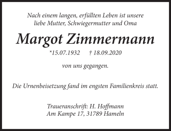 Traueranzeige von Margot Zimmermann von Deister- und Weserzeitung