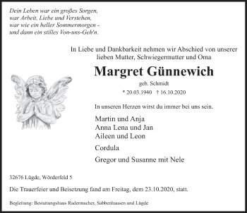 Traueranzeige von Margret Günnewich von Deister- und Weserzeitung