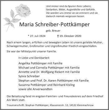 Traueranzeige von Maria Schreiber-Pottkämper von Deister- und Weserzeitung