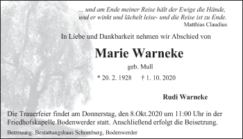 Traueranzeige von Marie Warneke von Deister- und Weserzeitung
