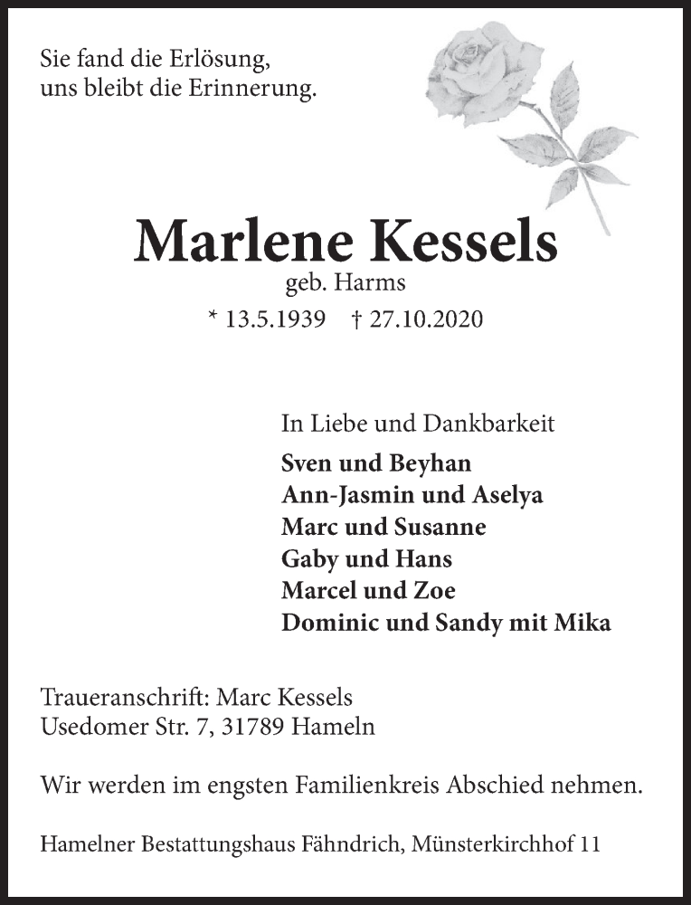  Traueranzeige für Marlene Kessels vom 30.10.2020 aus Deister- und Weserzeitung