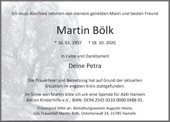 Traueranzeige von Martin Bölk von Deister- und Weserzeitung