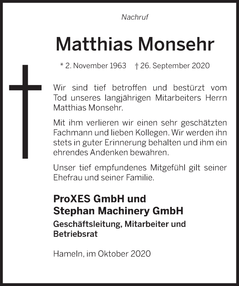  Traueranzeige für Matthias Monsehr vom 05.10.2020 aus Deister- und Weserzeitung