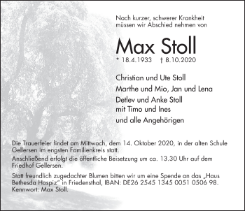 Traueranzeige von Max Stoll von Deister- und Weserzeitung