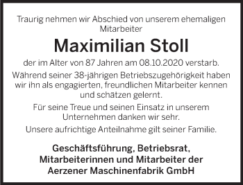 Traueranzeige von Maximilian Stoll von Deister- und Weserzeitung
