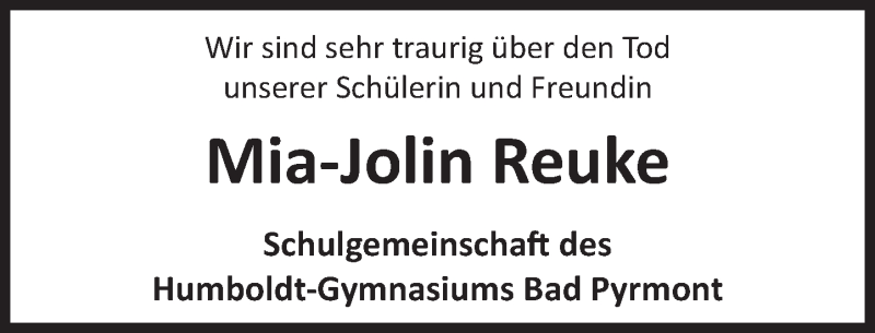  Traueranzeige für Mia-Jolin Reuke vom 10.10.2020 aus Deister- und Weserzeitung
