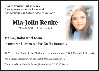Traueranzeige von Mia-Jolin Reuke von Deister- und Weserzeitung