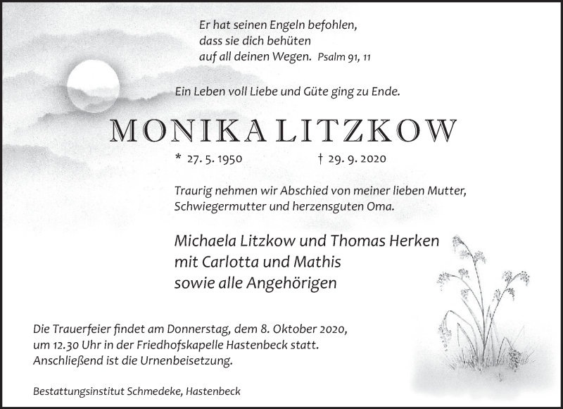  Traueranzeige für Monika Litzkow vom 02.10.2020 aus Deister- und Weserzeitung