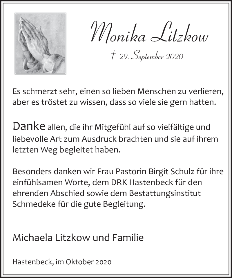  Traueranzeige für Monika Litzkow vom 24.10.2020 aus Deister- und Weserzeitung