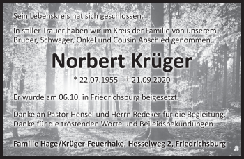 Traueranzeige von Norbert Krüger von Deister- und Weserzeitung
