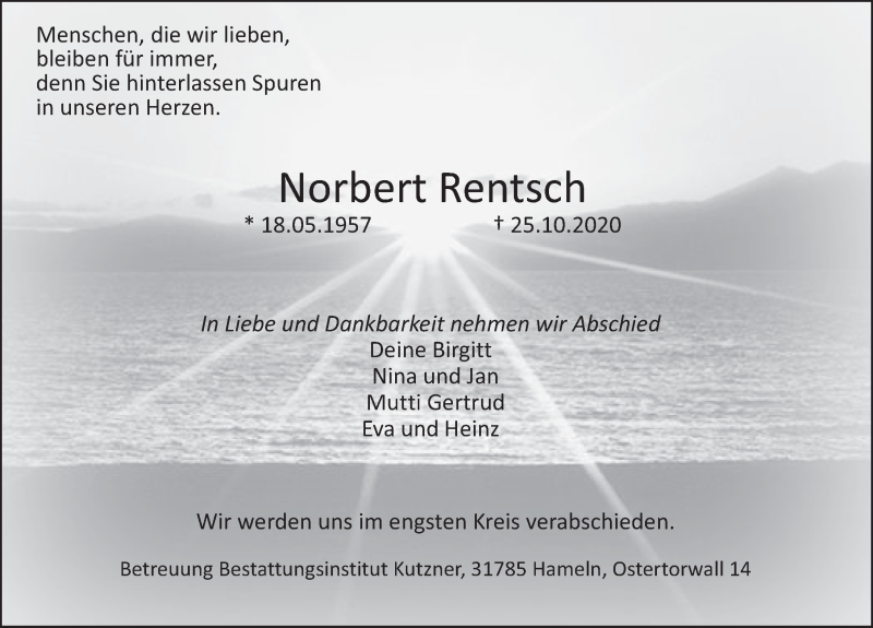  Traueranzeige für Norbert Rentsch vom 30.10.2020 aus Deister- und Weserzeitung