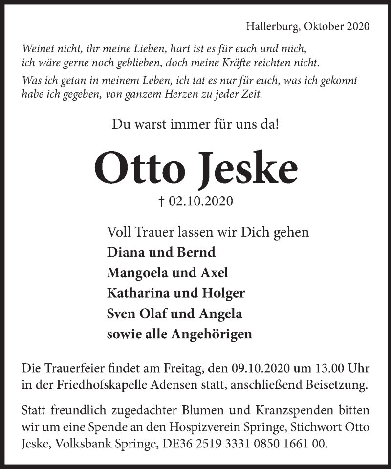  Traueranzeige für Otto Jeske vom 06.10.2020 aus Neue Deister-Zeitung