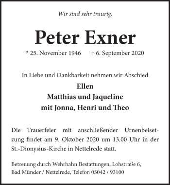 Traueranzeige von Peter Exner von Neue Deister-Zeitung
