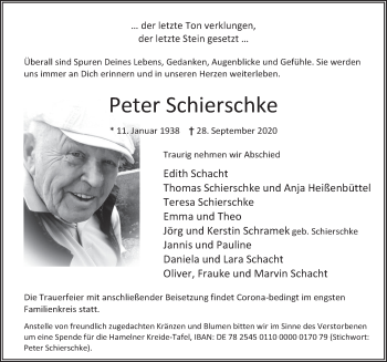 Traueranzeige von Peter Schierschke von Deister- und Weserzeitung