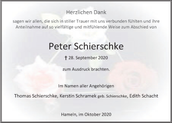 Traueranzeige von Peter Schierschke von Deister- und Weserzeitung