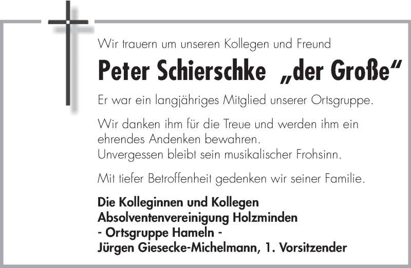  Traueranzeige für Peter Schierschke vom 10.10.2020 aus Deister- und Weserzeitung