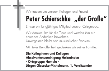 Traueranzeige von Peter Schierschke von Deister- und Weserzeitung