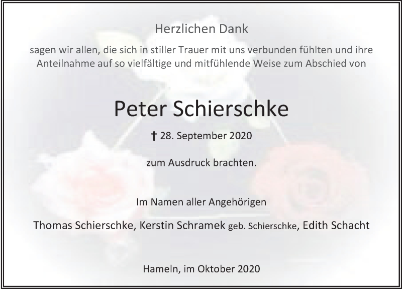  Traueranzeige für Peter Schierschke vom 24.10.2020 aus Deister- und Weserzeitung