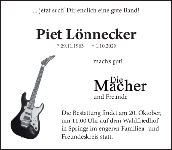 Traueranzeige von Piet Lönnecker von Neue Deister-Zeitung