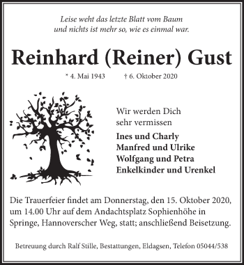 Traueranzeige von Reinhard Gust von Neue Deister-Zeitung