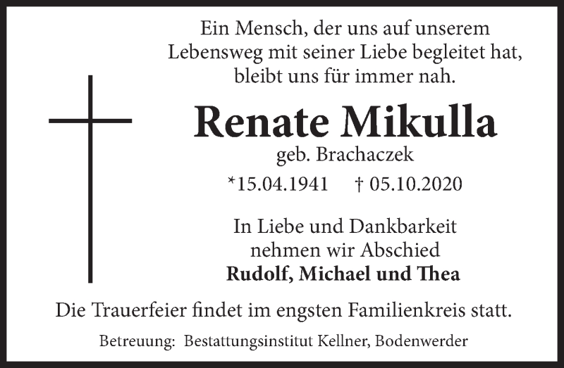  Traueranzeige für Renate Mikulla vom 10.10.2020 aus Deister- und Weserzeitung