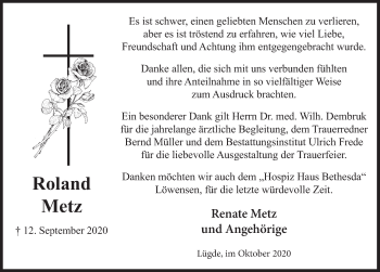Traueranzeige von Roland Metz von Deister- und Weserzeitung