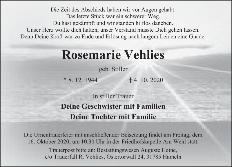  Traueranzeige für Rosemarie Vehlies vom 10.10.2020 aus Deister- und Weserzeitung