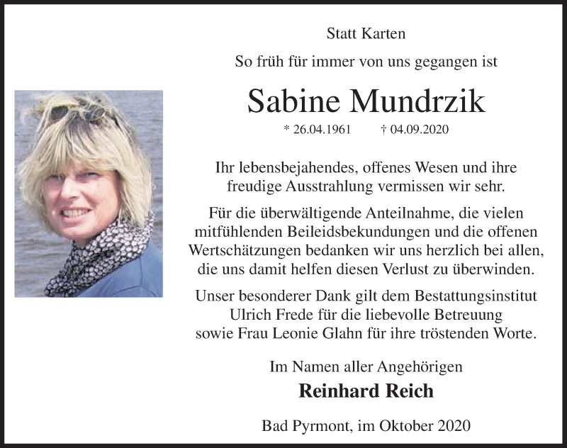  Traueranzeige für Sabine Mundrzik vom 02.10.2020 aus Deister- und Weserzeitung