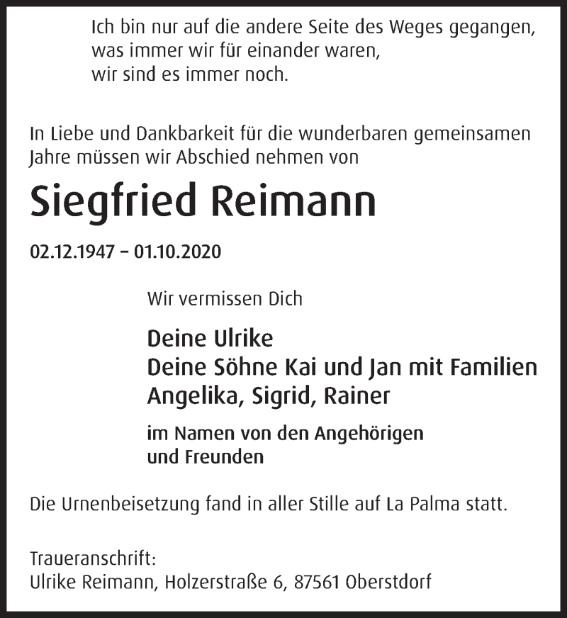  Traueranzeige für Siegfried Reimann vom 10.10.2020 aus Deister- und Weserzeitung