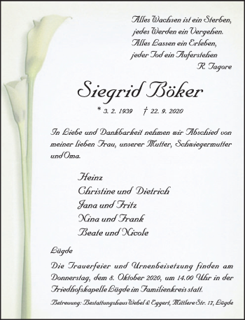 Traueranzeige von Siegrid Böker von Deister- und Weserzeitung
