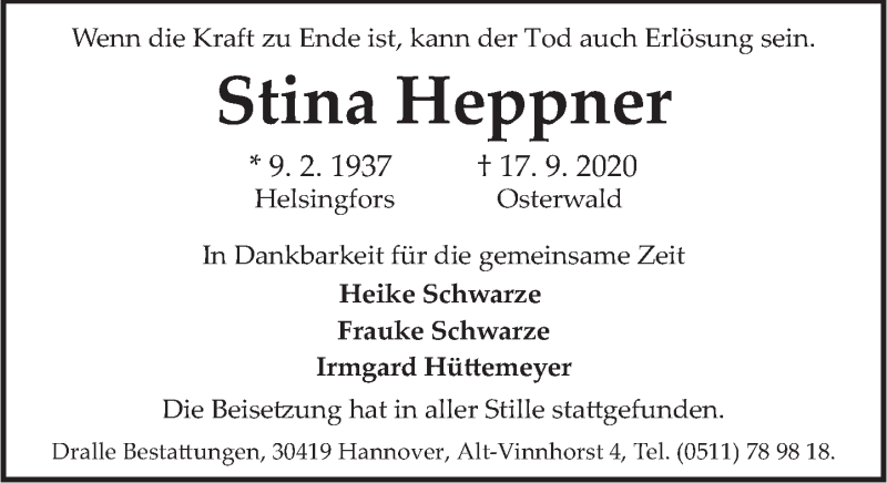  Traueranzeige für Stina Heppner vom 30.10.2020 aus Deister- und Weserzeitung
