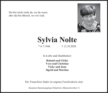 Traueranzeige von Sylvia Nolte von Deister- und Weserzeitung