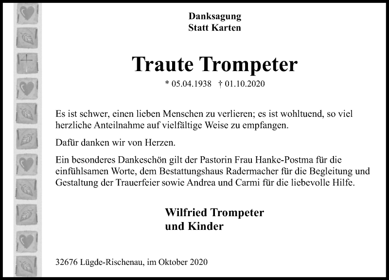  Traueranzeige für Traute Trompeter vom 28.10.2020 aus Deister- und Weserzeitung