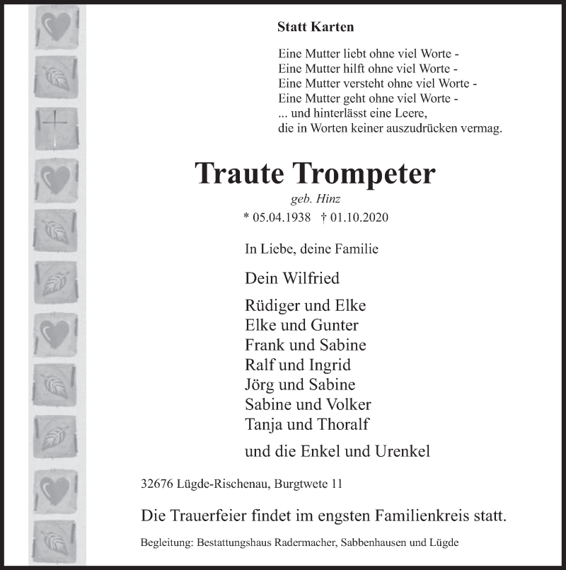  Traueranzeige für Traute Trompeter vom 05.10.2020 aus Deister- und Weserzeitung
