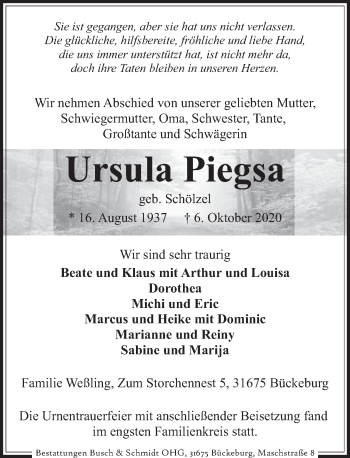 Traueranzeige von Ursula Piegsa von Deister- und Weserzeitung