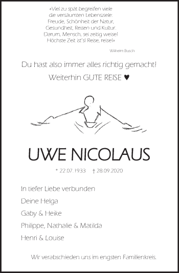 Traueranzeige von Uwe Nicolaus von Deister- und Weserzeitung
