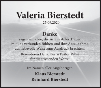 Traueranzeige von Valeria Bierstedt von Deister- und Weserzeitung