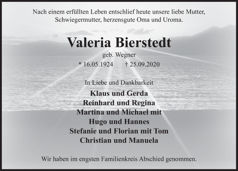  Traueranzeige für Valeria Bierstedt vom 10.10.2020 aus Deister- und Weserzeitung