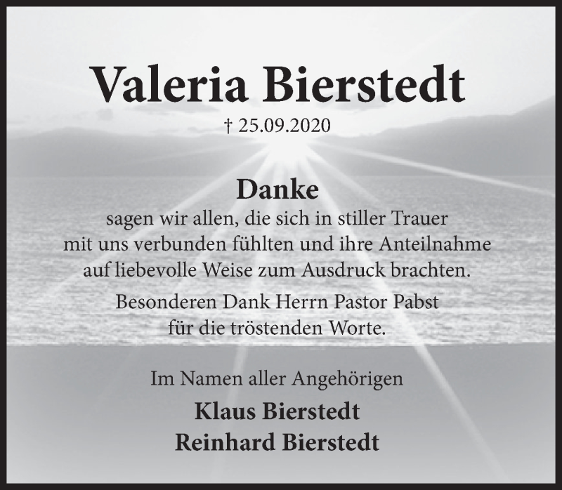  Traueranzeige für Valeria Bierstedt vom 24.10.2020 aus Deister- und Weserzeitung