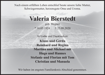 Traueranzeige von Valeria Bierstedt von Deister- und Weserzeitung