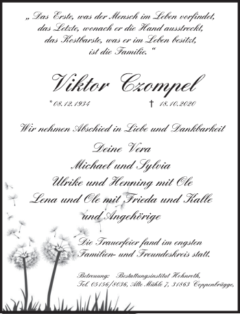 Traueranzeige von Viktor Czompel von Deister- und Weserzeitung