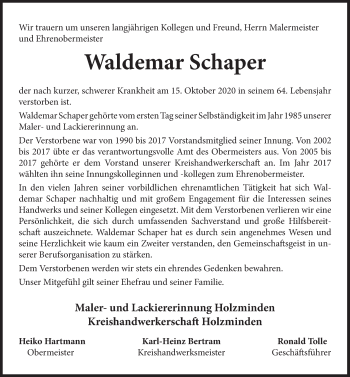 Traueranzeige von Waldemar Schaper von Deister- und Weserzeitung
