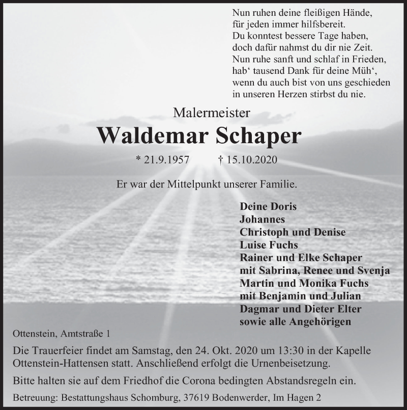  Traueranzeige für Waldemar Schaper vom 17.10.2020 aus Deister- und Weserzeitung