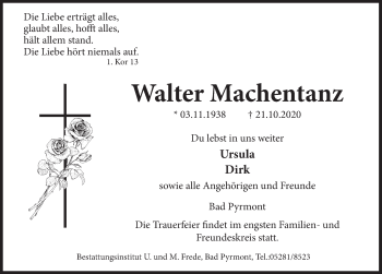 Traueranzeige von Walter Machentanz von Deister- und Weserzeitung