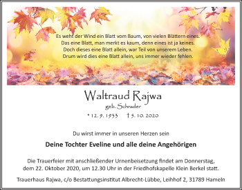 Traueranzeige von Waltraud Rajwa von Deister- und Weserzeitung