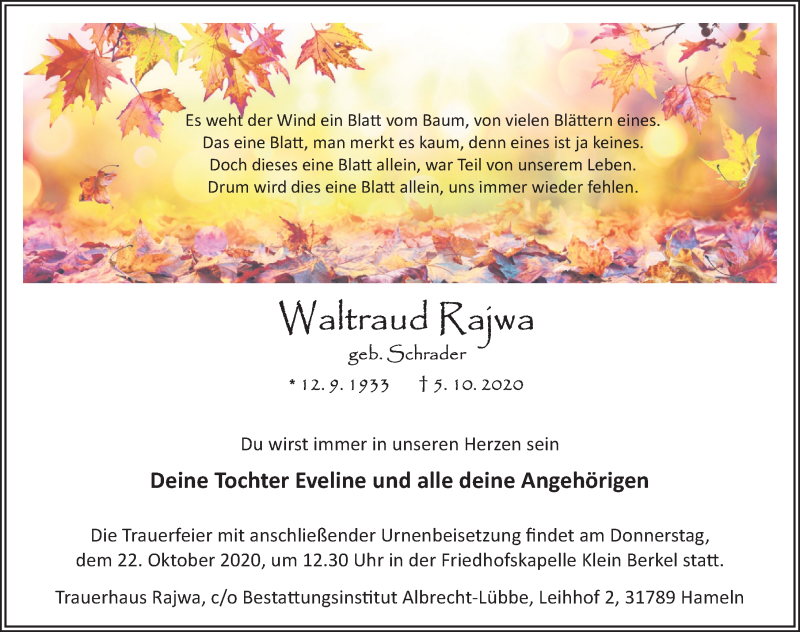  Traueranzeige für Waltraud Rajwa vom 17.10.2020 aus Deister- und Weserzeitung