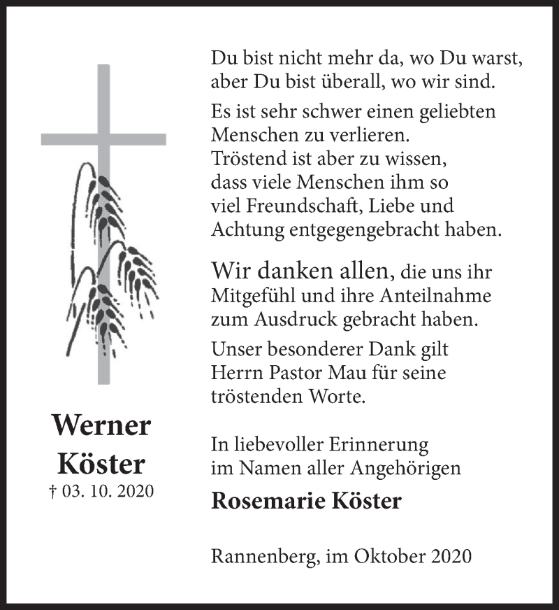  Traueranzeige für Werner Köster vom 30.10.2020 aus Deister- und Weserzeitung